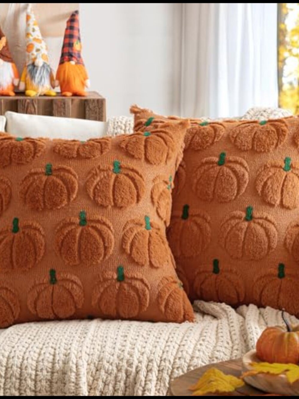 Set of 2 Faux Wool Velvet Pillow Covers 20x20 Embroidered Pumpkin Fall Decor